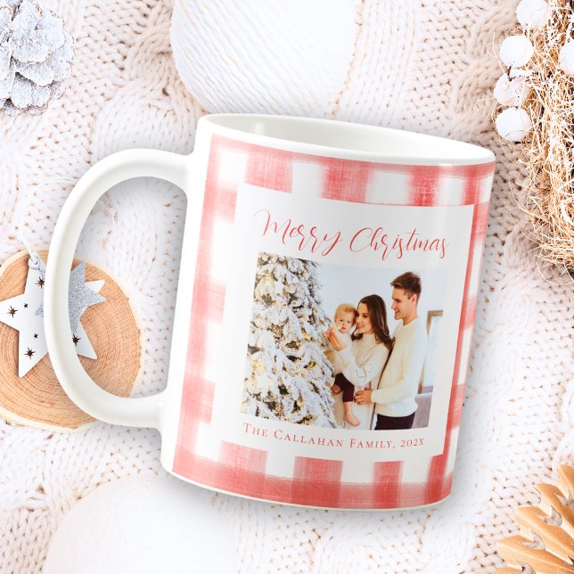 Cute Red Gingham Plaid Custom Photo Christmas Coffee Mug (Creator Uploaded)
