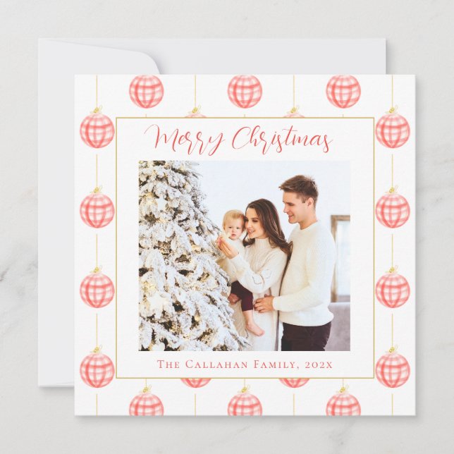 Cute Red Gingham Plaid Custom Photo Christmas Holiday Card (Front)