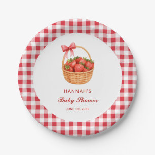Cute Red Gingham Strawberry Girl Baby Shower Paper Plate