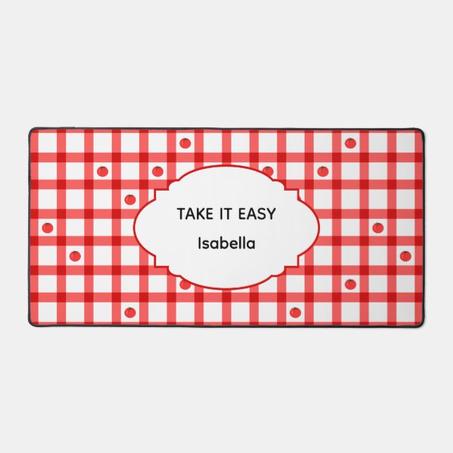 Cute Red Gingham Tomatoes Take It Easy Desk Mat (Front)