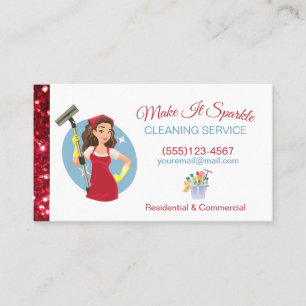 Cute Red Glitter Cartoon Maid Cleaning Services Business Card