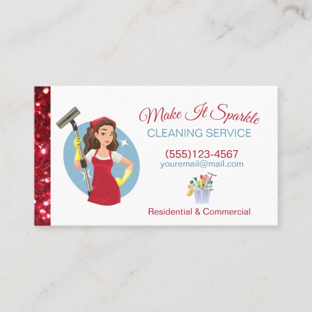 Cute Red Glitter Cartoon Maid Cleaning Services Business Card (Front)