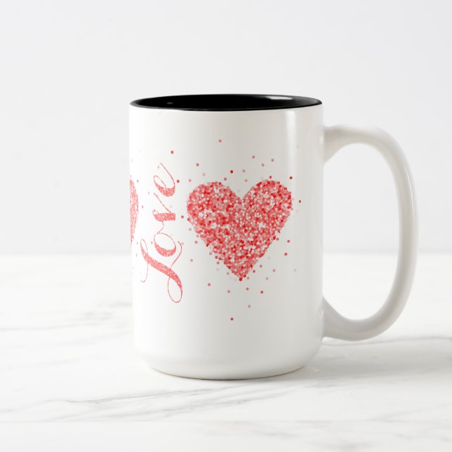 Cute Red Glitter Hearts & Love Text Two-Tone Coffee Mug (Right)