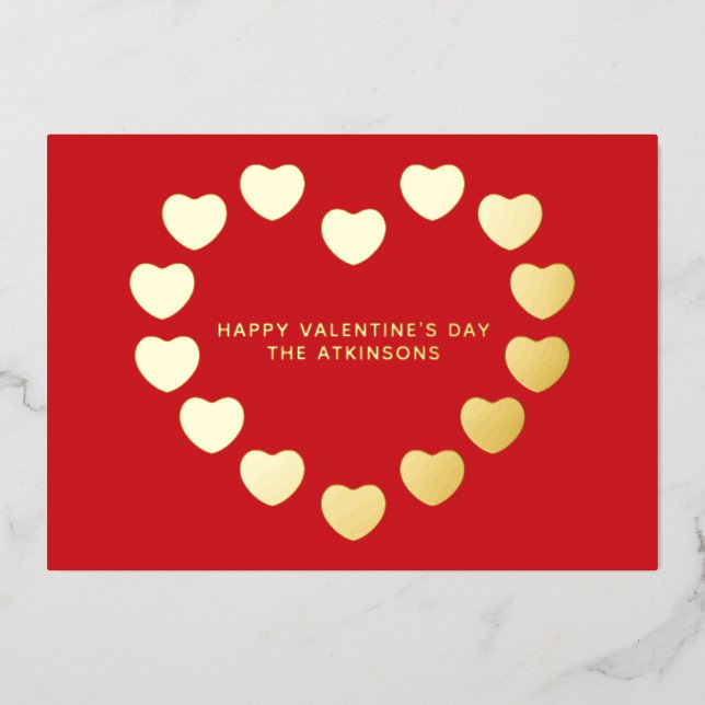 Cute red gold hearts custom Valentine's Day Foil Holiday Card (Front)