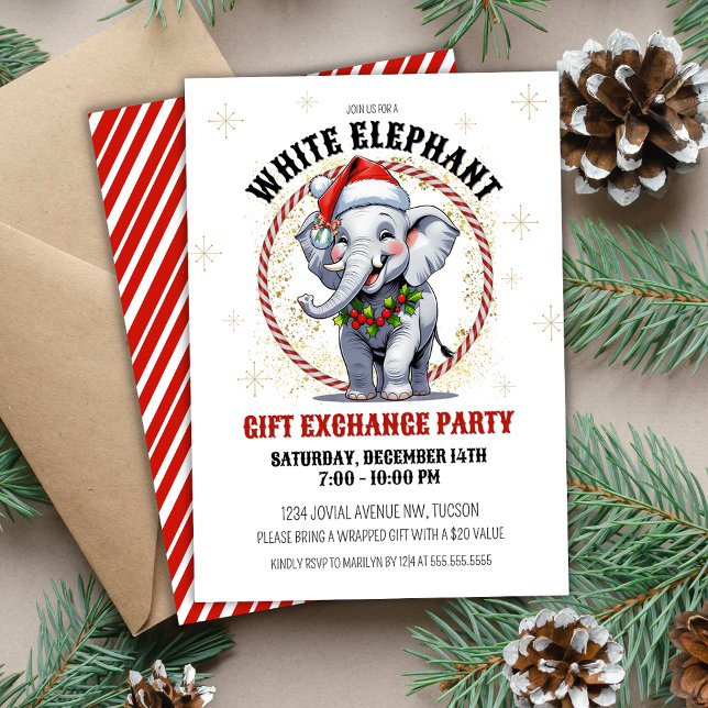 Cute Red Gold Holiday White Elephant Gift Exchange Invitation (Cute white elephant holiday party invitations for corporate office or small group gift exchange)