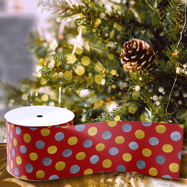 Cute Red Gold & Silver Polka Dots Modern Christmas Grosgrain Ribbon (Creator Uploaded)