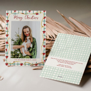 Cute Red Green Bow Pattern Merry Christmas 1 Photo Holiday Card