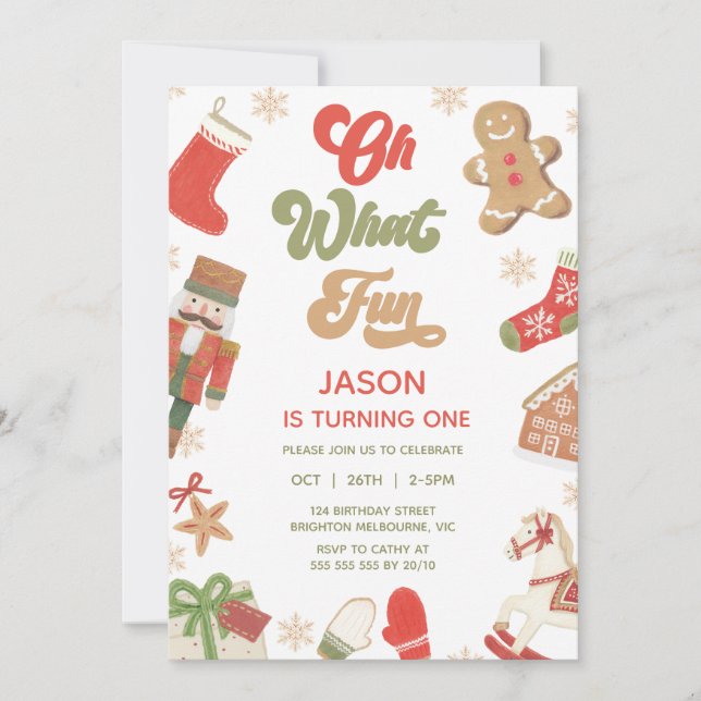 Cute Red Green Boys Oh What Fun Birthday Invitation (Front)