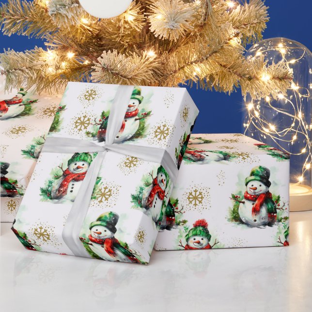 Cute Red Green Christmas Snowman Seamless Pattern Wrapping Paper (Holidays)