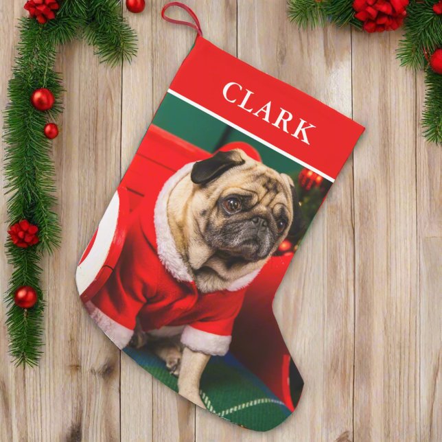 Cute Red & Green Dog Puppy Pet Photo Name  Small Christmas Stocking (Creator Uploaded)
