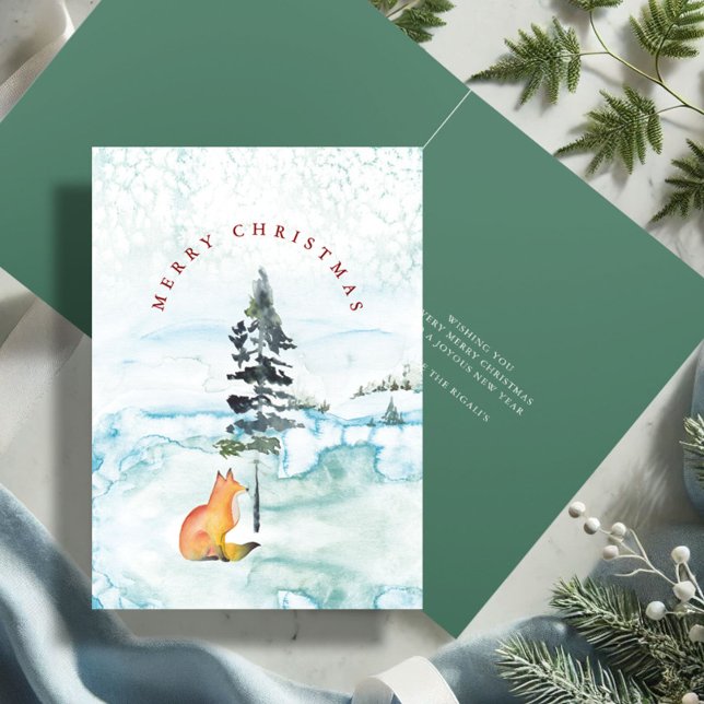 Cute Red & Green Fox Watercolor Christmas Holiday Card (Cute Christmas cards watercolor fox and pine tree art by Victoria Grigaliunas Do Tell A Belle)