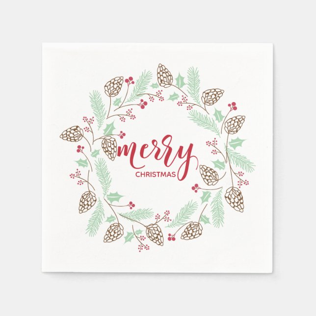 Cute Red & Green Holly and Pine Christmas Wreath Napkin (Front)