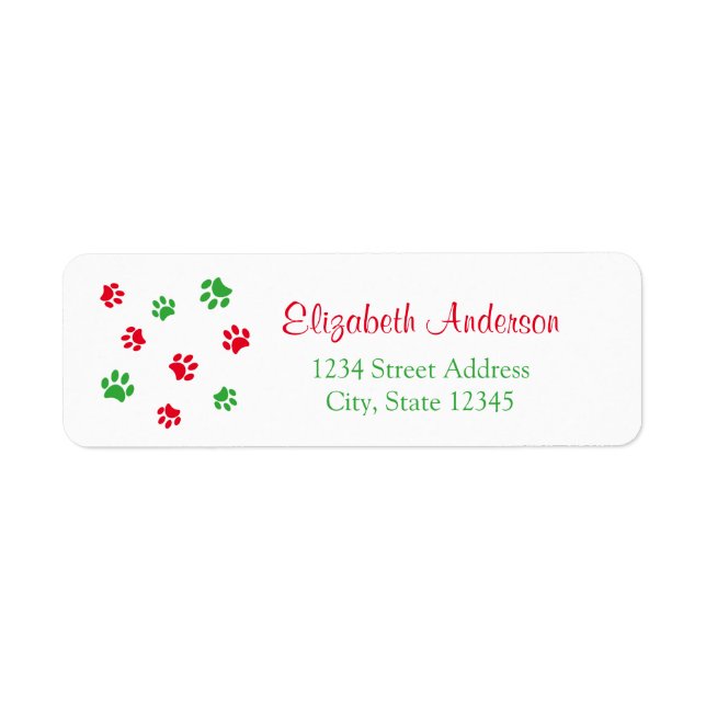 Cute Red Green Paw Prints Christmas Return Address Label (Front)