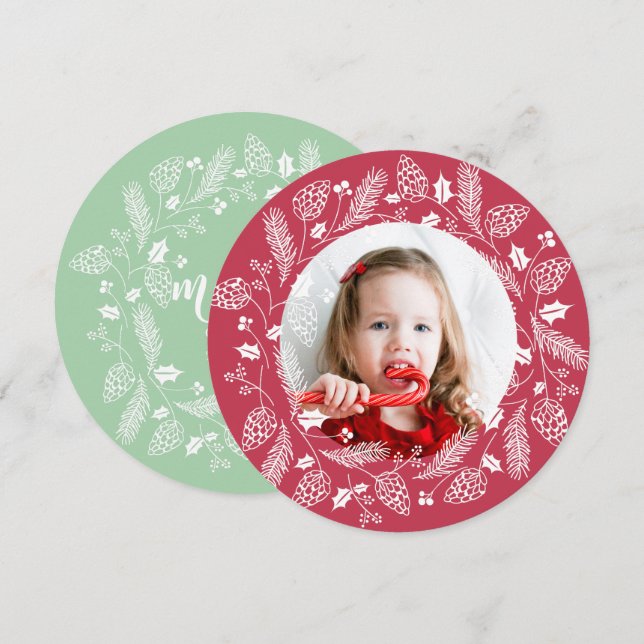 Cute Red & Green Pine and Holly Christmas Wreath Invitation (Front/Back)