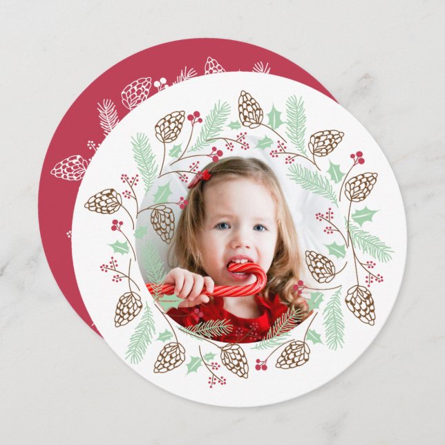 Cute Red & Green Pine and Holly Christmas Wreath Invitation (Front/Back)