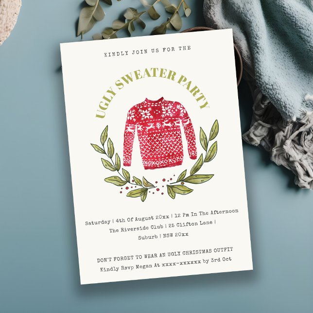 Cute Red Green Ugly Sweater Christmas Party Invite (Creator Uploaded)