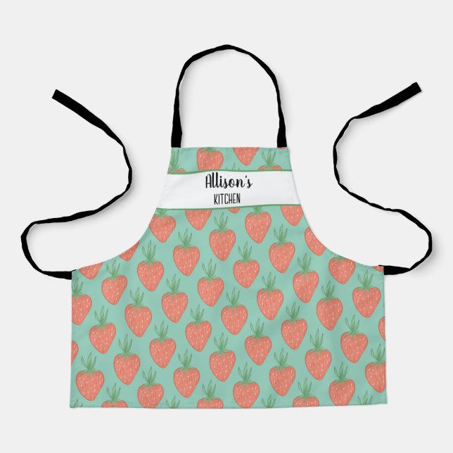 Cute Red + Green 🍓 Watercolor Strawberry Pattern Apron (Front)