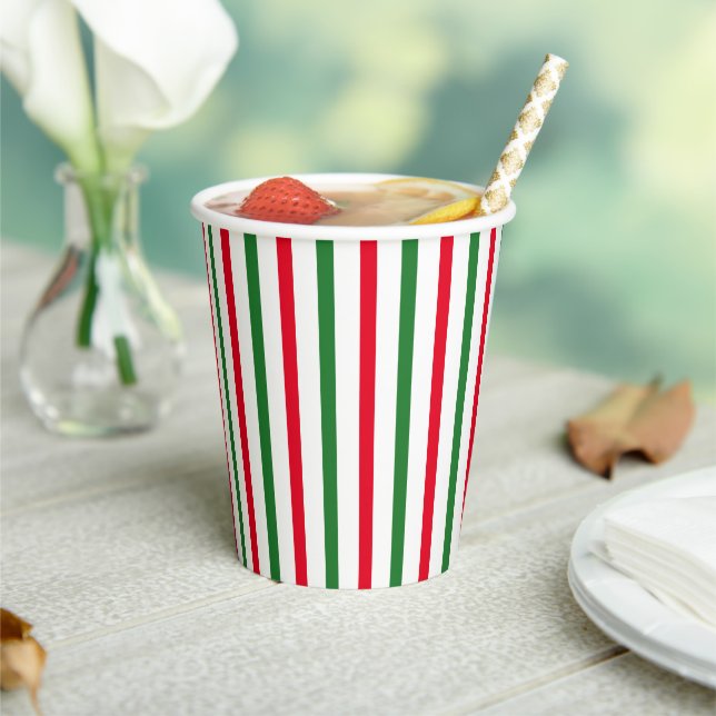 Cute red green white candy cane vertical stripes paper cups (Insitu)