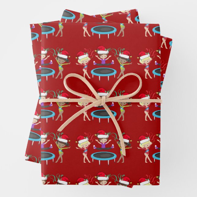 Cute Red Gymnastics Christmas Gymnast Girls Wrapping Paper Sheet (In situ)