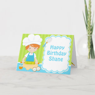 Cute Red Hair Boy Baking Birthday Party Card