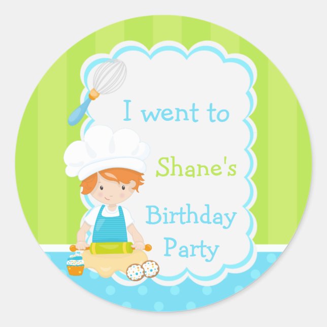 Cute Red Hair Boy Baking Birthday Party Classic Round Sticker (Front)