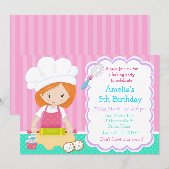 Cute Red Hair Girl Baking Birthday Party Invitation (Front/Back)