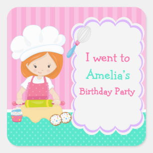 Cute Red Hair Girl Baking Birthday Party Square Sticker