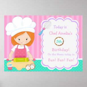 Cute Red Hair Girl Baking Birthday  Poster