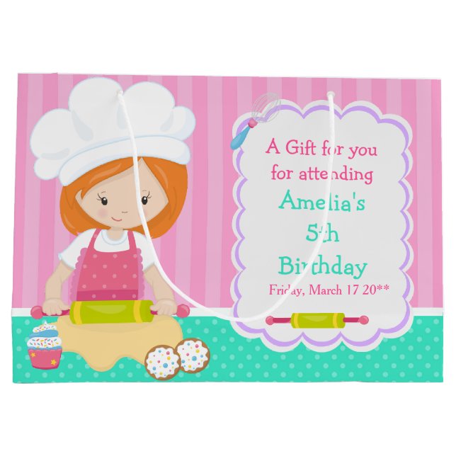 Cute Red Hair Girl Baking Thank You Large Gift Bag (Back)