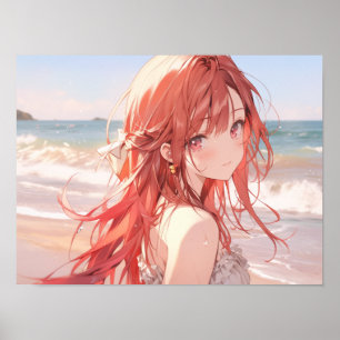 Cute red haired anime girl on the beach poster