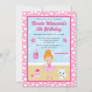 Cute Red Haired Ballerina Kids Birthday  Invitation