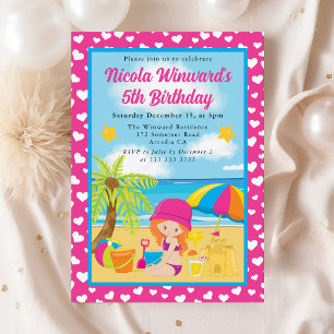 Cute Red Haired Girl Beach Kids Birthday Invitation