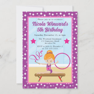 Cute Red Haired Girl Gymnast Kids Birthday Invitation