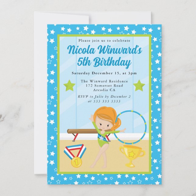 Cute Red Haired Girl Gymnast  Kids Birthday  Invitation (Front)