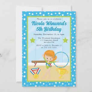 Cute Red Haired Girl Gymnast Kids Birthday Invitation