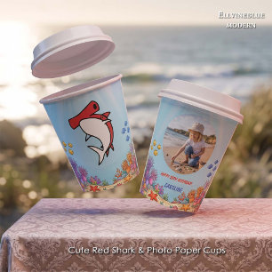 Cute Red Hammerhead Shark Ocean Birthday Photo Paper Cups