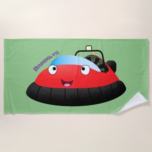 Cute red happy hovercraft cartoon beach towel (Front)