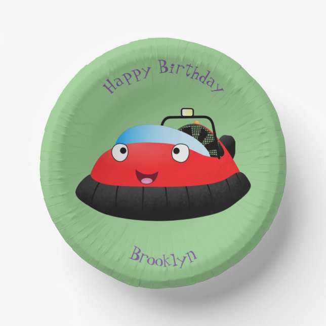 Cute red happy hovercraft cartoon paper plate (Front)