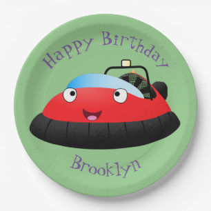 Cute red happy hovercraft cartoon paper plate