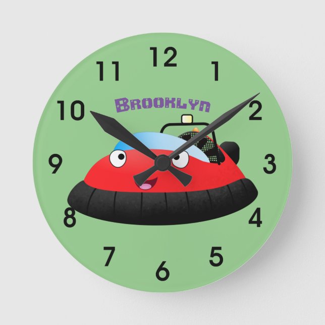 Cute red happy hovercraft cartoon round clock (Front)