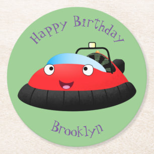 Cute red happy hovercraft cartoon round paper coaster