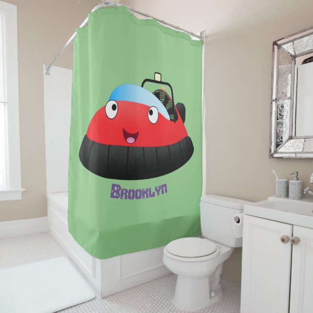 Cute red happy hovercraft cartoon shower curtain (In Situ)