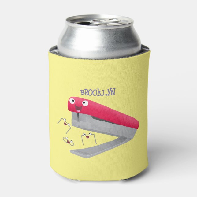 Cute red happy stapler cartoon illustration can cooler (Can Front)