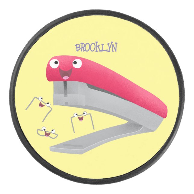 Cute red happy stapler cartoon illustration  hockey puck (Front)