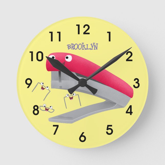Cute red happy stapler cartoon illustration  round clock (Front)