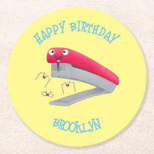 Cute red happy stapler cartoon illustration round paper coaster