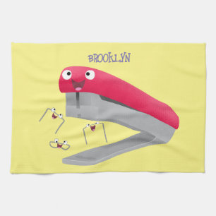 Cute red happy stapler cartoon illustration tea towel