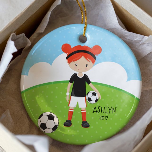 Cute Red Head Girl Soccer Personalised Christmas Ceramic Ornament (Creator Uploaded)