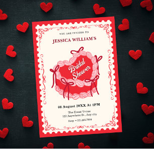 Cute red heart cake bow bridal shower invitation