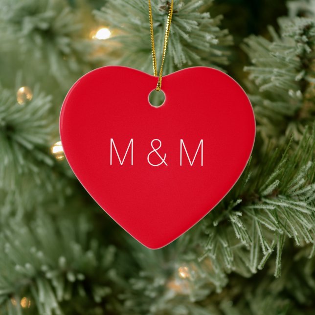 Cute red heart couple monogram Initials typography Ceramic Ornament (Tree)